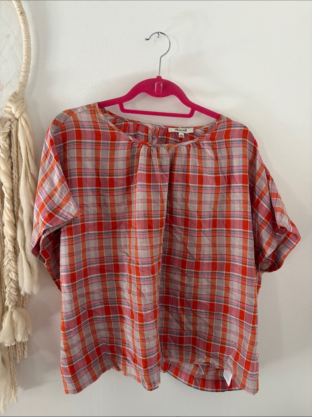 Madewell Red and Orange Plaid Short-Sleeve Blouse